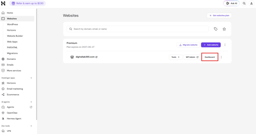 Hostinger hPanel dashboard with website management options visible
