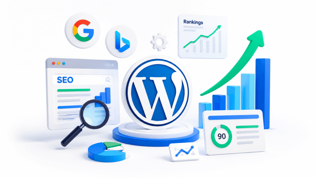WordPress SEO plugins logos and icons (Yoast, Rank Math, All in One SEO