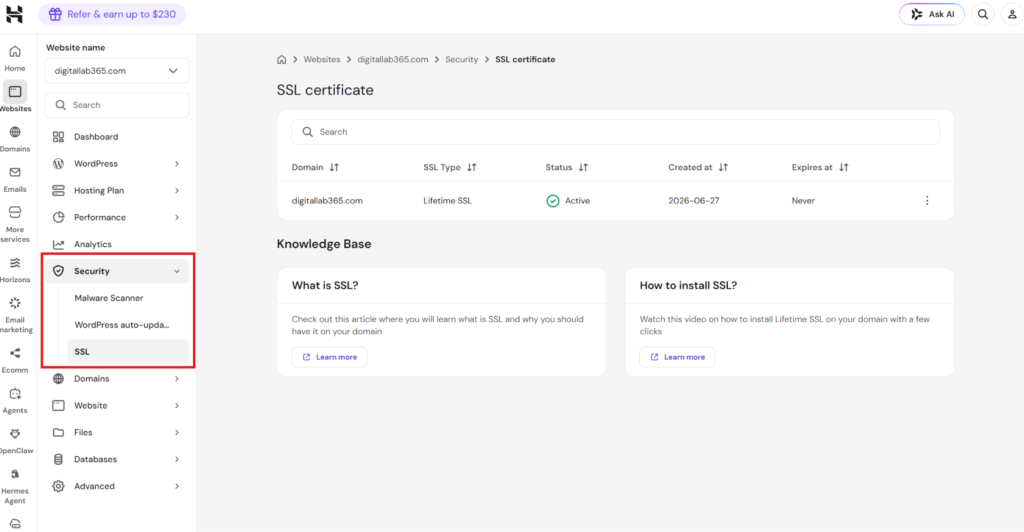 Hostinger SSL certificate management section showing available options