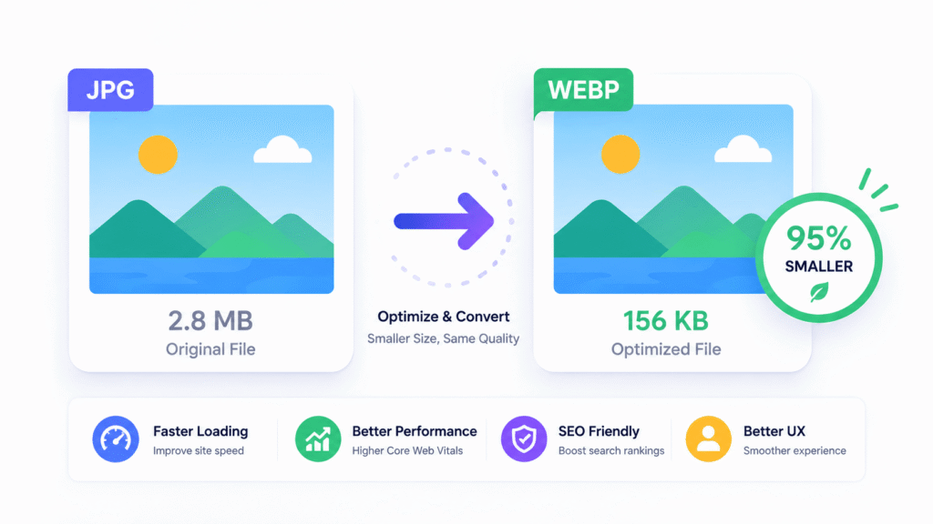 Image optimization comparison showing original PNG vs WebP compressed format