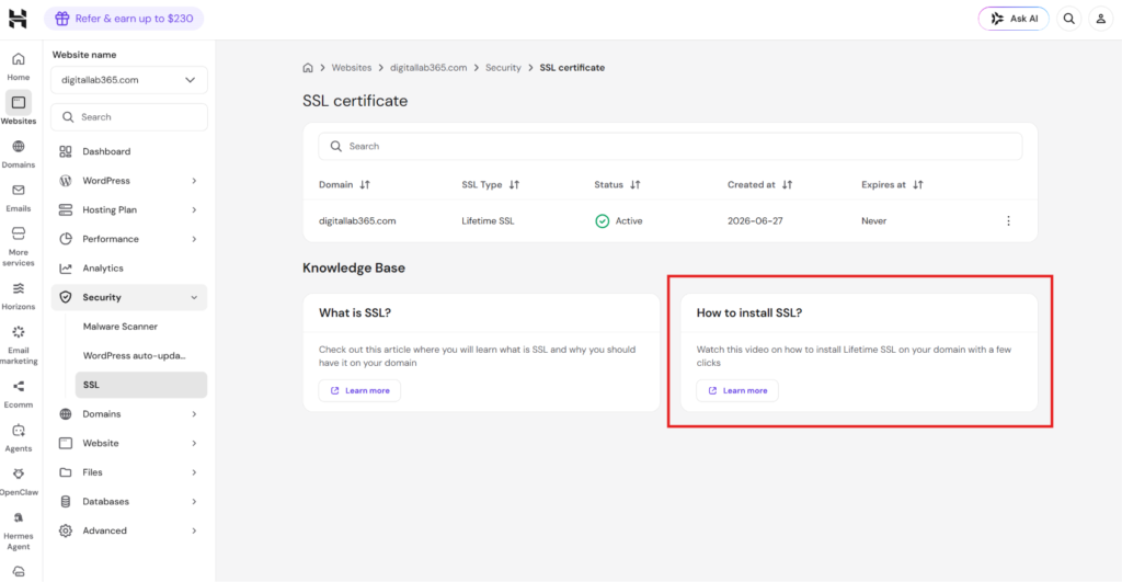 SSL certificate selection screen showing Let's Encrypt free option