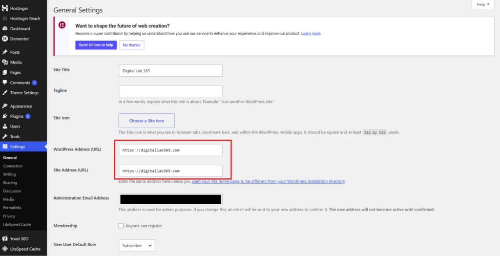 WordPress General Settings page showing URL configuration options