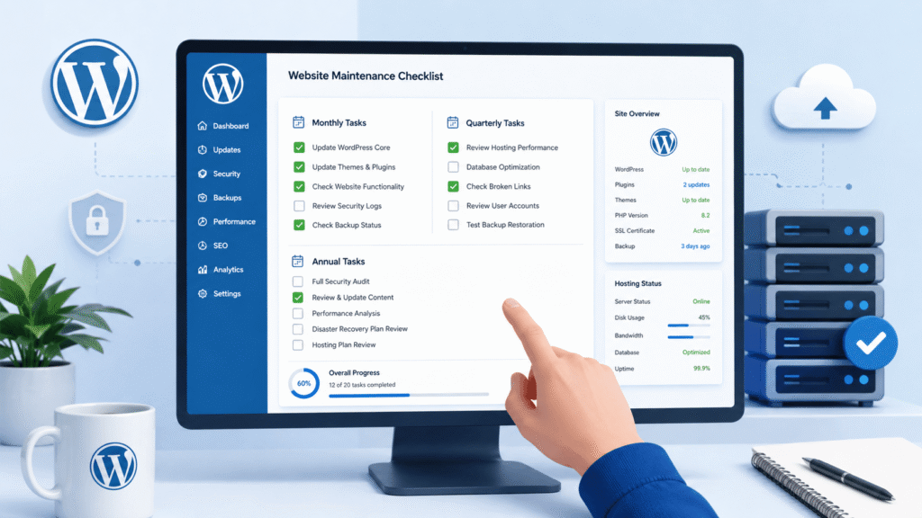 WordPress maintenance checklist dashboard showing organized tasks with checkmarks